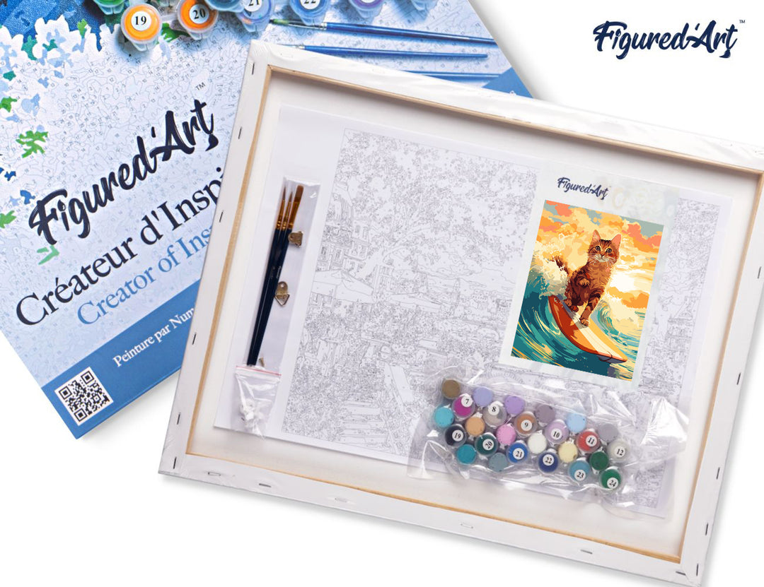 Malen nach Zahlen 40x50cm auf Keilrahmen gespannt Figured’Art Surfende Katze - Kidis Art