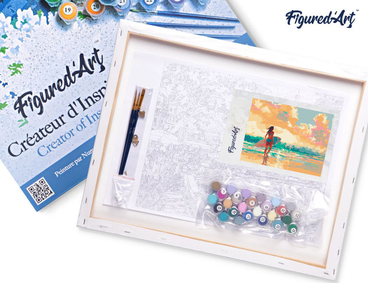 Malen nach Zahlen 40x50cm auf Keilrahmen gespannt Figured’Art Surfmädchen im Morgengrauen