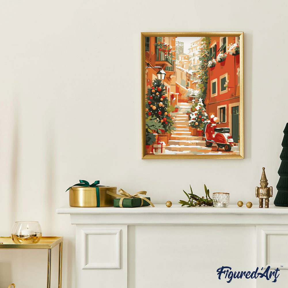 Malen nach Zahlen 40x50cm auf Keilrahmen gespannt Figured’Art Verschneite Treppe zu Weihnachten - Kidis Art