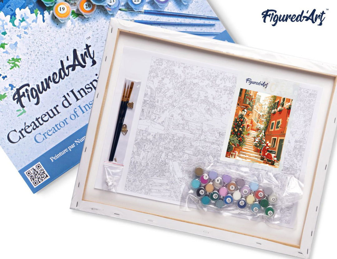 Malen nach Zahlen 40x50cm auf Keilrahmen gespannt Figured’Art Verschneite Treppe zu Weihnachten - Kidis Art