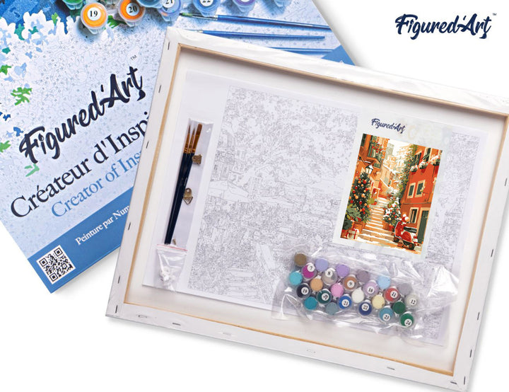 Malen nach Zahlen 40x50cm auf Keilrahmen gespannt Figured’Art Verschneite Treppe zu Weihnachten - Kidis Art