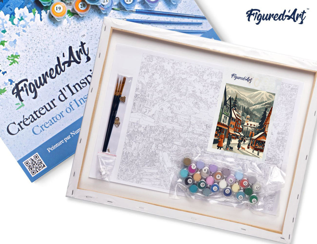 Malen nach Zahlen 40x50cm auf Keilrahmen gespannt Figured’Art Weihnachtsmarkt im Tal - Kidis Art