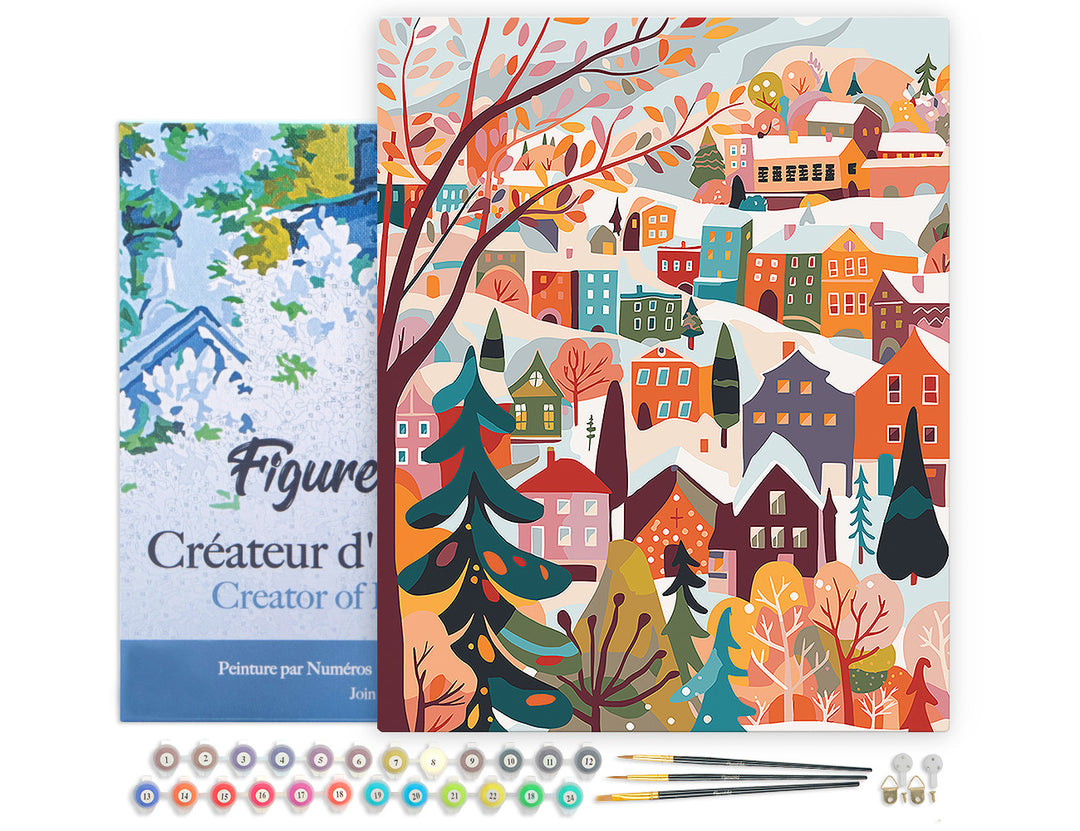 Malen nach Zahlen 40x50cm auf Keilrahmen gespannt Figured’Art Farbenfrohes Winterdorf