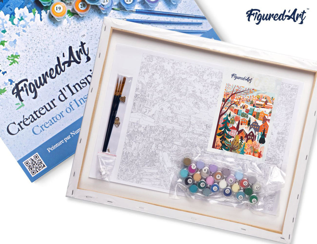 Malen nach Zahlen 40x50cm auf Keilrahmen gespannt Figured’Art Farbenfrohes Winterdorf