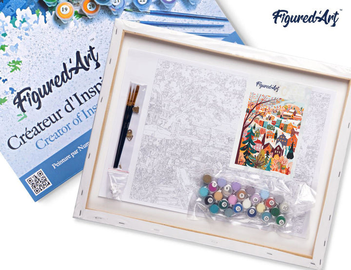 Malen nach Zahlen 40x50cm auf Keilrahmen gespannt Figured’Art Farbenfrohes Winterdorf