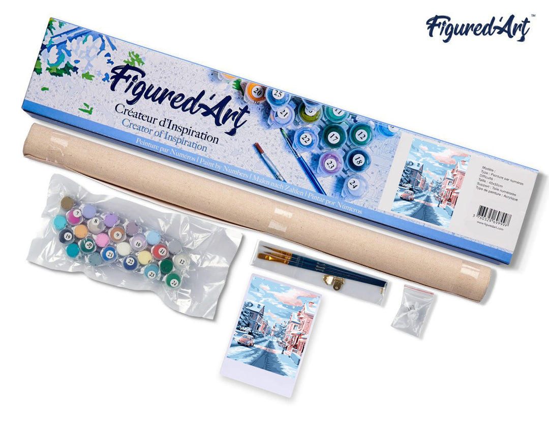 Malen nach Zahlen 40x50cm ohne Keilrahmen Figured’Art Verschneiter Morgen in der Stadt