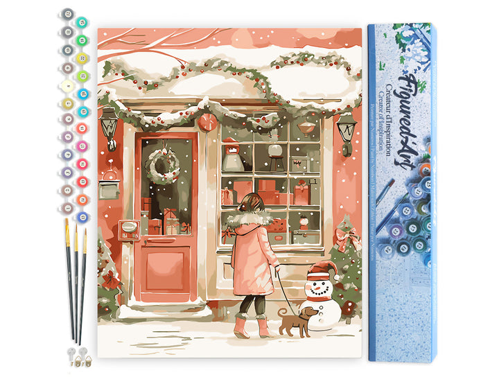 Malen nach Zahlen 40x50cm ohne Keilrahmen Figured’Art Junge Frau und ihr Hund zu Weihnachten