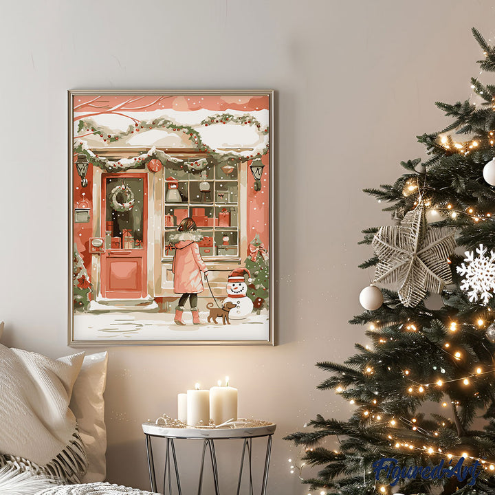 Malen nach Zahlen 40x50cm ohne Keilrahmen Figured’Art Junge Frau und ihr Hund zu Weihnachten