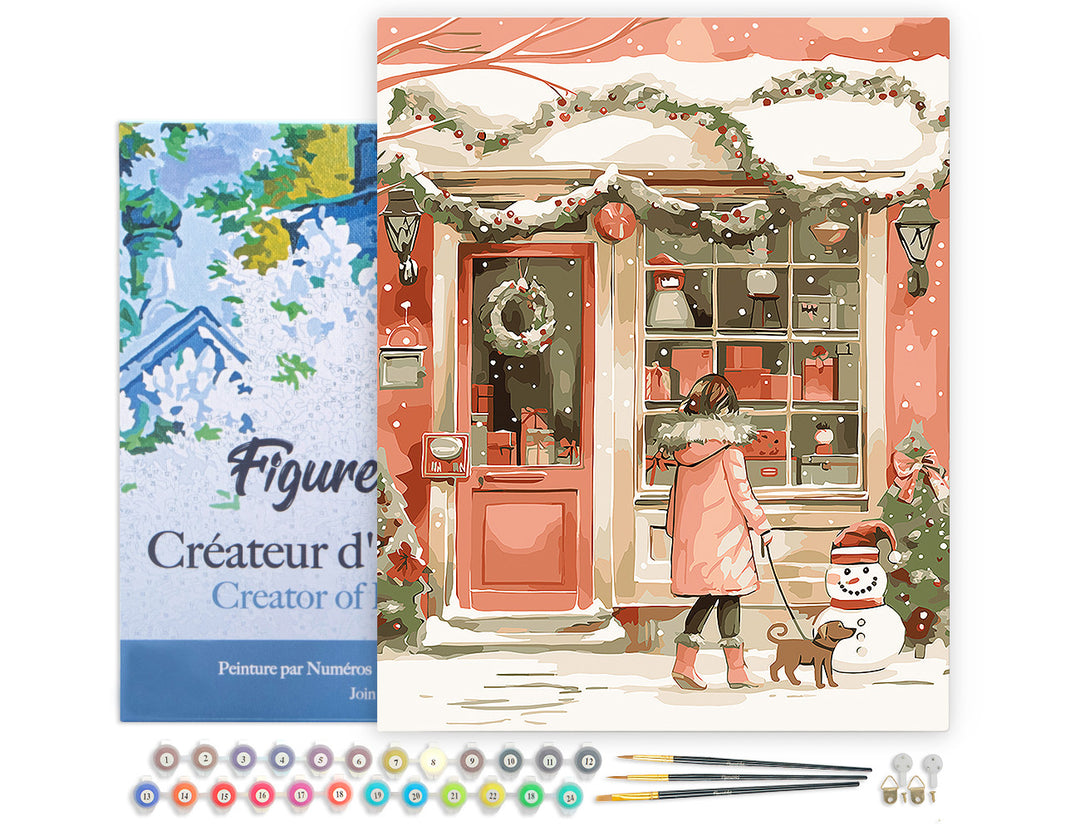 Malen nach Zahlen 40x50cm auf Keilrahmen gespannt Figured’Art Junge Frau und ihr Hund zu Weihnachten