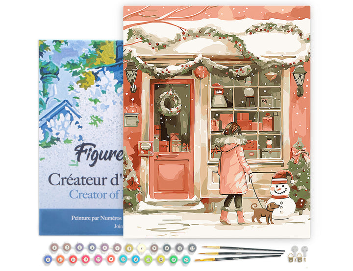 Malen nach Zahlen 40x50cm auf Keilrahmen gespannt Figured’Art Junge Frau und ihr Hund zu Weihnachten