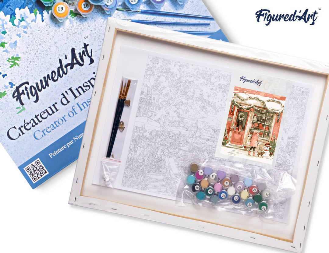 Malen nach Zahlen 40x50cm auf Keilrahmen gespannt Figured’Art Junge Frau und ihr Hund zu Weihnachten