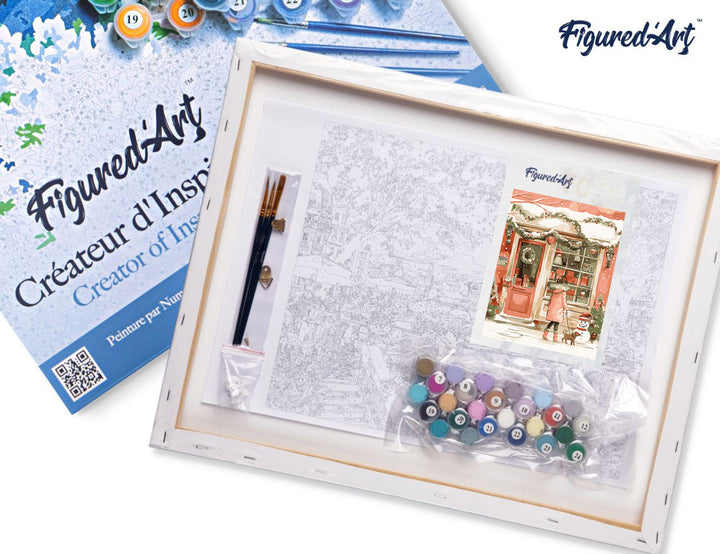 Malen nach Zahlen 40x50cm auf Keilrahmen gespannt Figured’Art Junge Frau und ihr Hund zu Weihnachten