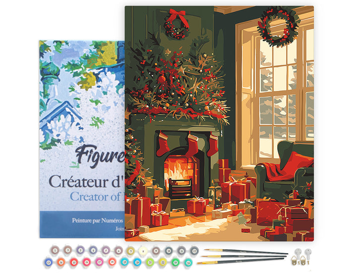 Malen nach Zahlen 40x50cm auf Keilrahmen gespannt Figured’Art Kaminfeuer zu Weihnachten