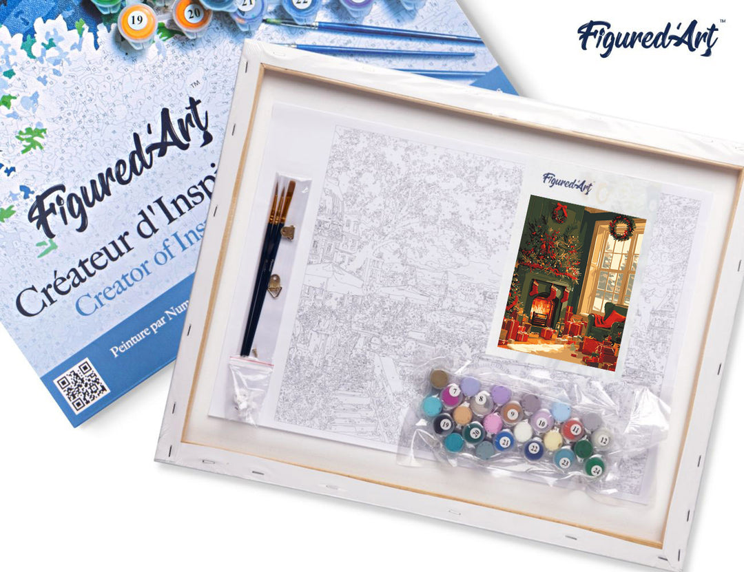 Malen nach Zahlen 40x50cm auf Keilrahmen gespannt Figured’Art Kaminfeuer zu Weihnachten