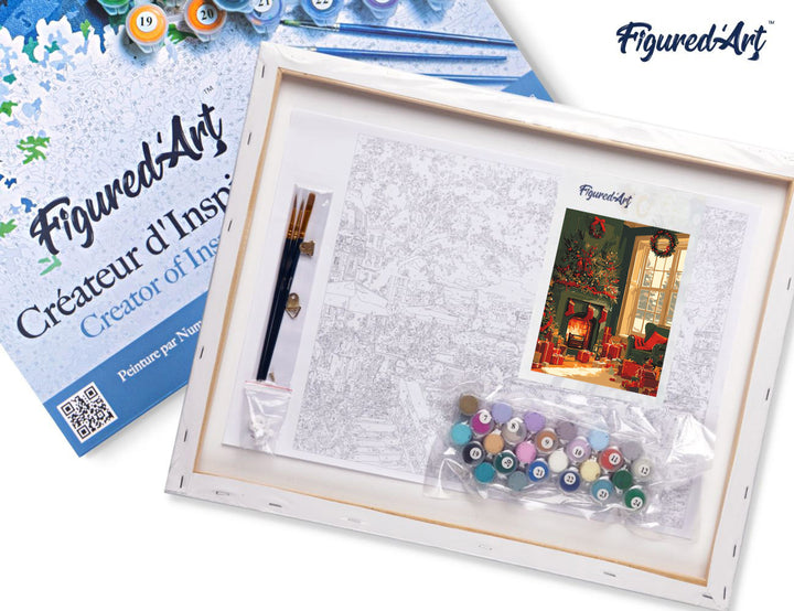 Malen nach Zahlen 40x50cm auf Keilrahmen gespannt Figured’Art Kaminfeuer zu Weihnachten