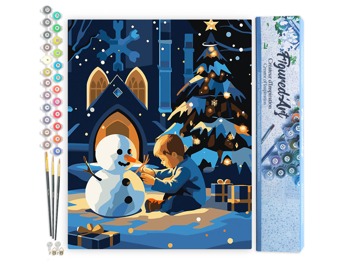 Malen nach Zahlen 40x50cm ohne Keilrahmen Figured’Art Junge und Schneemann in einer Winternacht - Kidis Art