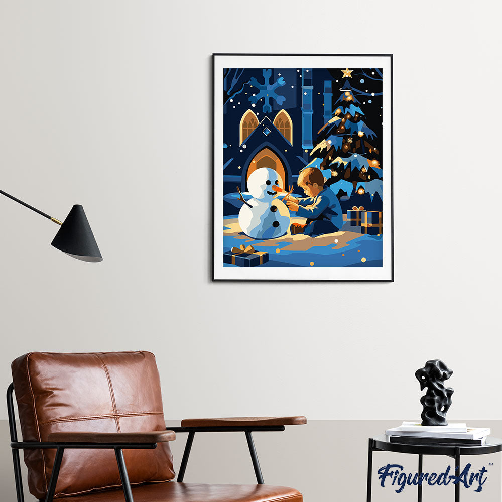 Malen nach Zahlen 40x50cm ohne Keilrahmen Figured’Art Junge und Schneemann in einer Winternacht - Kidis Art