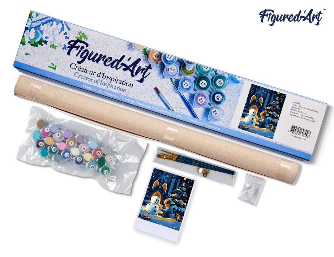 Malen nach Zahlen 40x50cm ohne Keilrahmen Figured’Art Junge und Schneemann in einer Winternacht