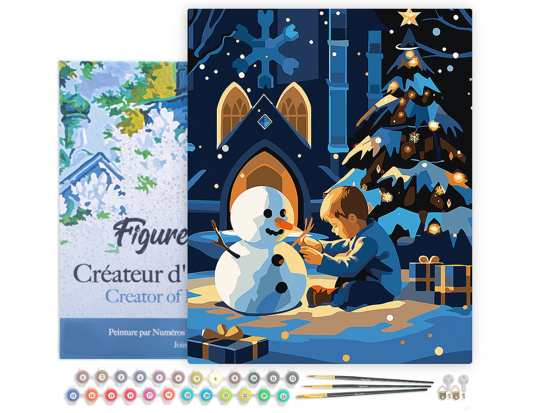 Malen nach Zahlen 40x50cm auf Keilrahmen gespannt Figured’Art Junge und Schneemann in einer Winternacht