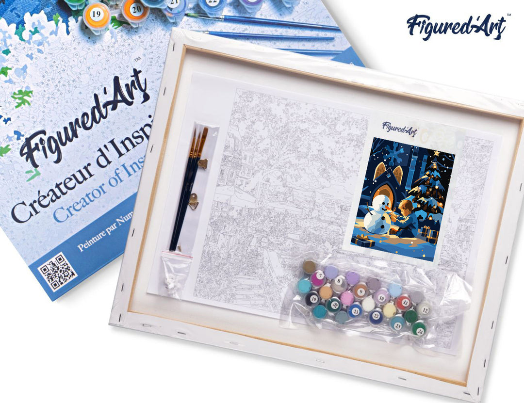 Malen nach Zahlen 40x50cm auf Keilrahmen gespannt Figured’Art Junge und Schneemann in einer Winternacht