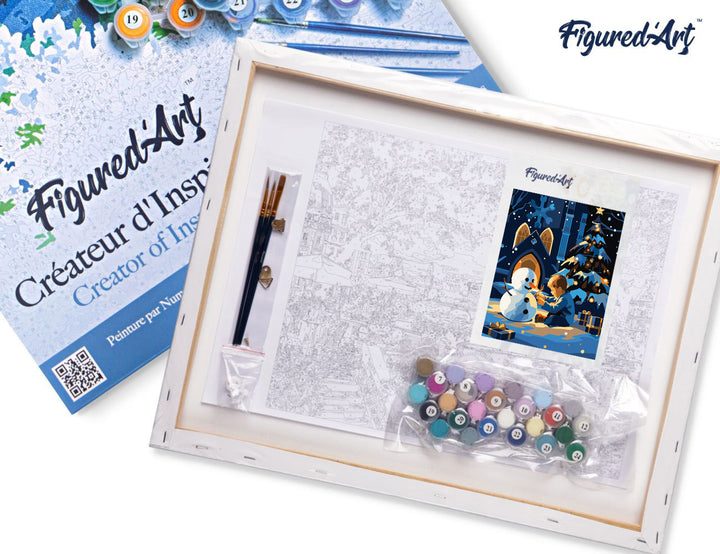 Malen nach Zahlen 40x50cm auf Keilrahmen gespannt Figured’Art Junge und Schneemann in einer Winternacht