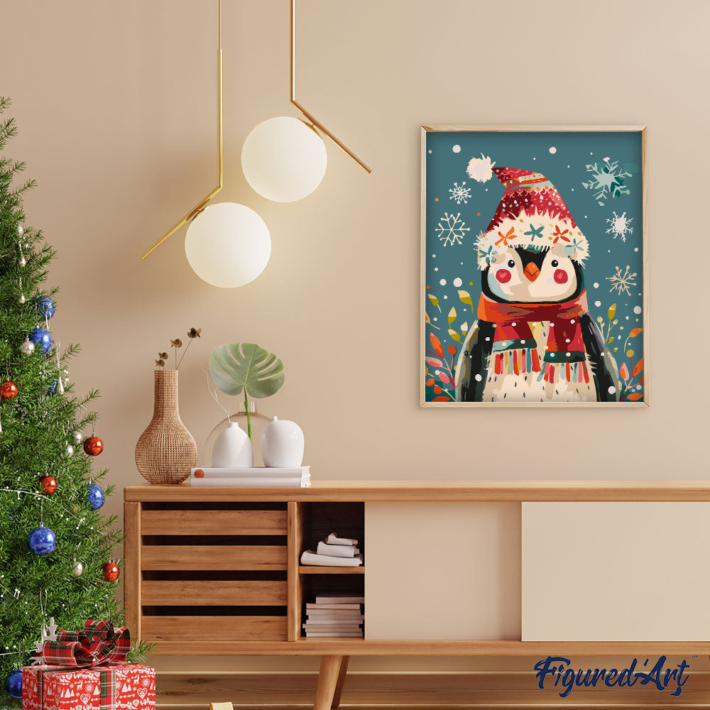 Malen nach Zahlen 40x50cm ohne Keilrahmen Figured’Art Kleiner Weihnachts-Pinguin - Kidis Art