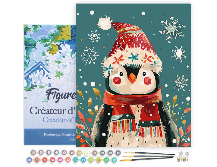 Malen nach Zahlen 40x50cm auf Keilrahmen gespannt Figured’Art Kleiner Weihnachts-Pinguin