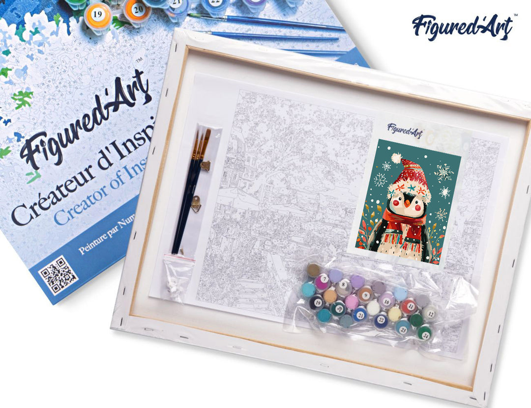 Malen nach Zahlen 40x50cm auf Keilrahmen gespannt Figured’Art Kleiner Weihnachts-Pinguin