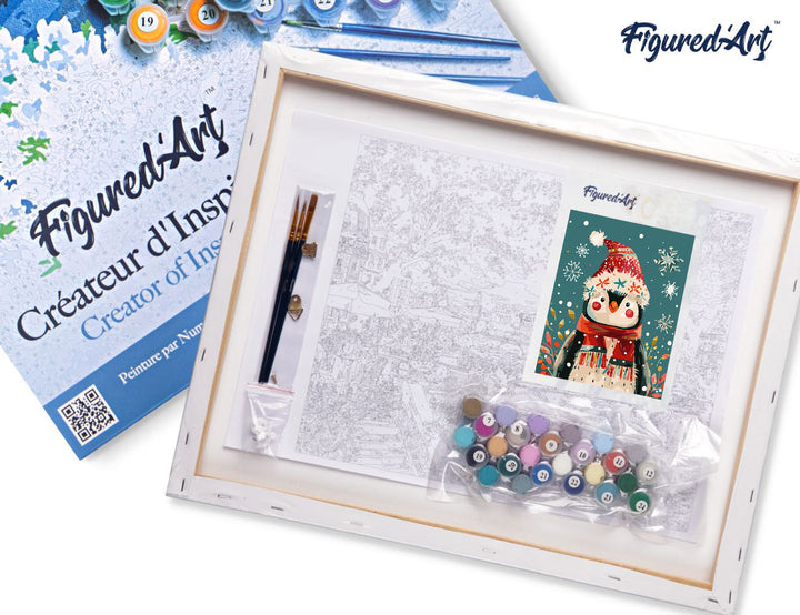 Malen nach Zahlen 40x50cm auf Keilrahmen gespannt Figured’Art Kleiner Weihnachts-Pinguin