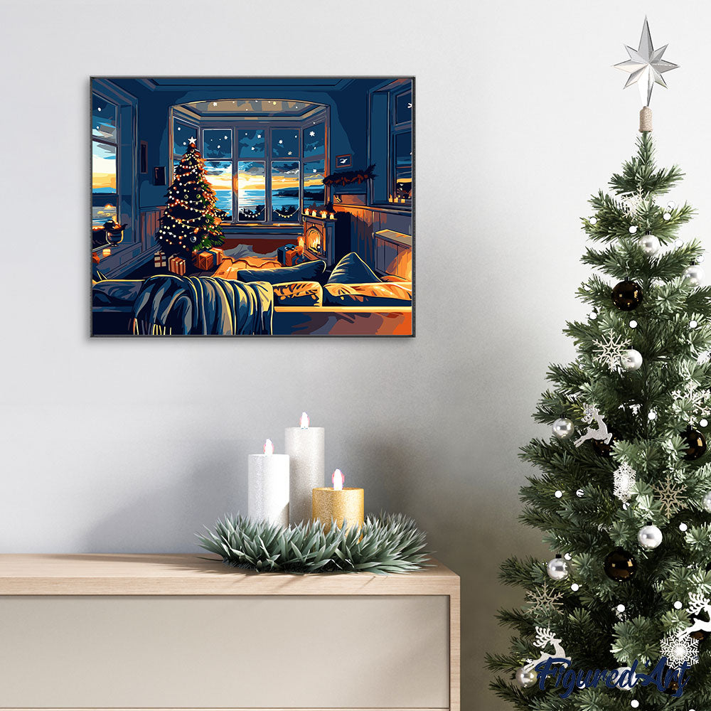 Malen nach Zahlen 40x50cm auf Keilrahmen gespannt Figured’Art Weihnachtszimmer am Meer - Kidis Art