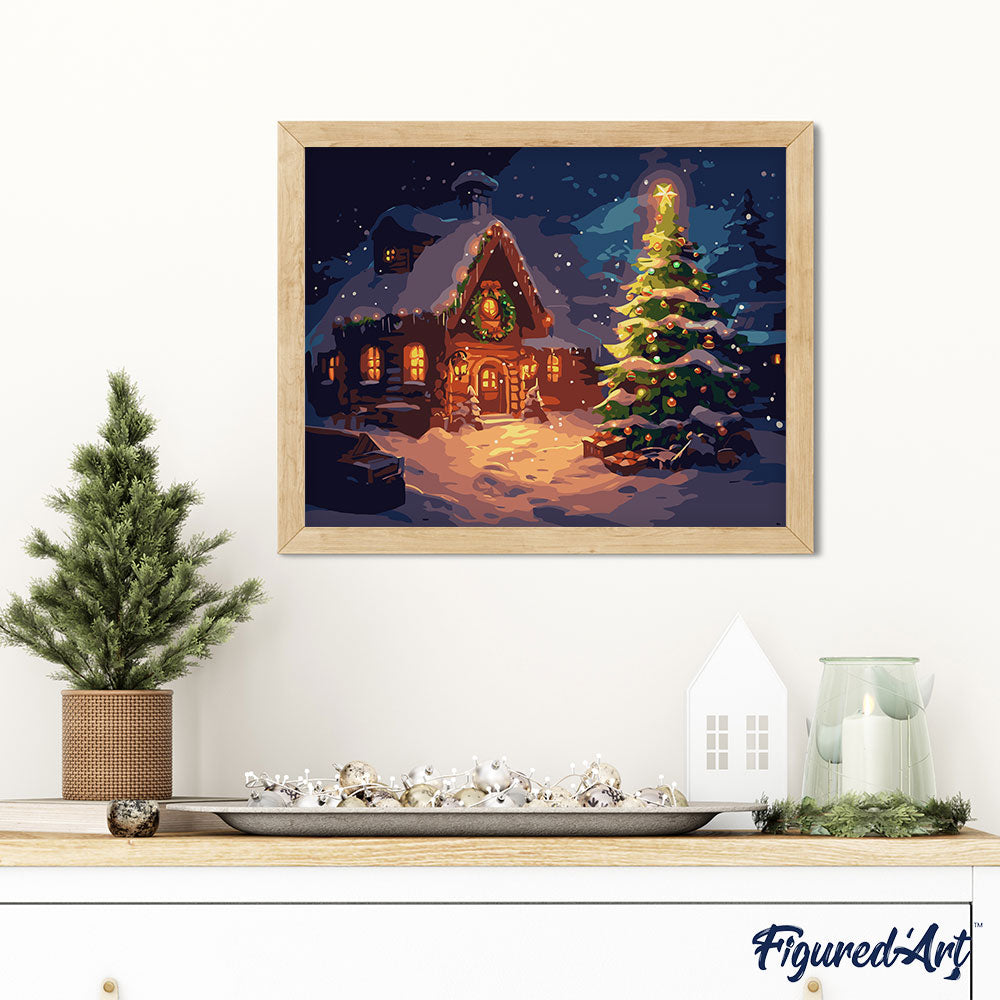 Malen nach Zahlen 40x50cm auf Keilrahmen gespannt Figured’Art Verschneites Weihnachtshäuschen - Kidis Art