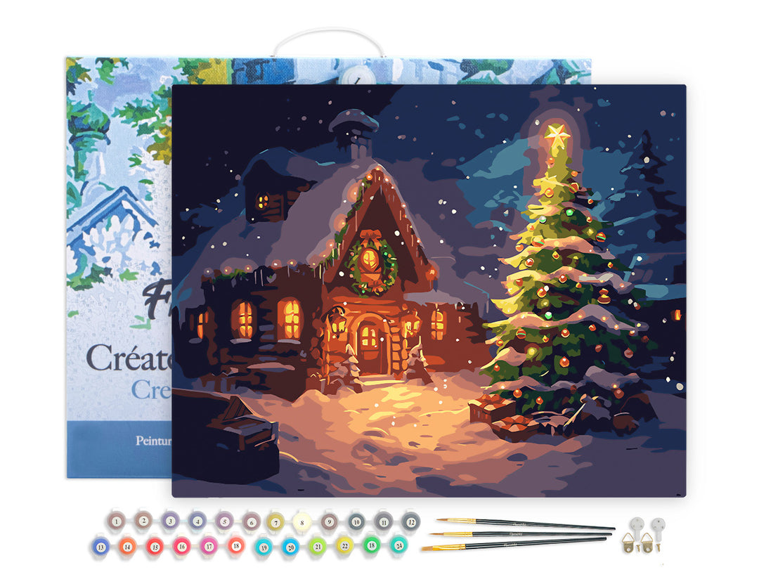 Malen nach Zahlen 40x50cm auf Keilrahmen gespannt Figured’Art Verschneites Weihnachtshäuschen - Kidis Art