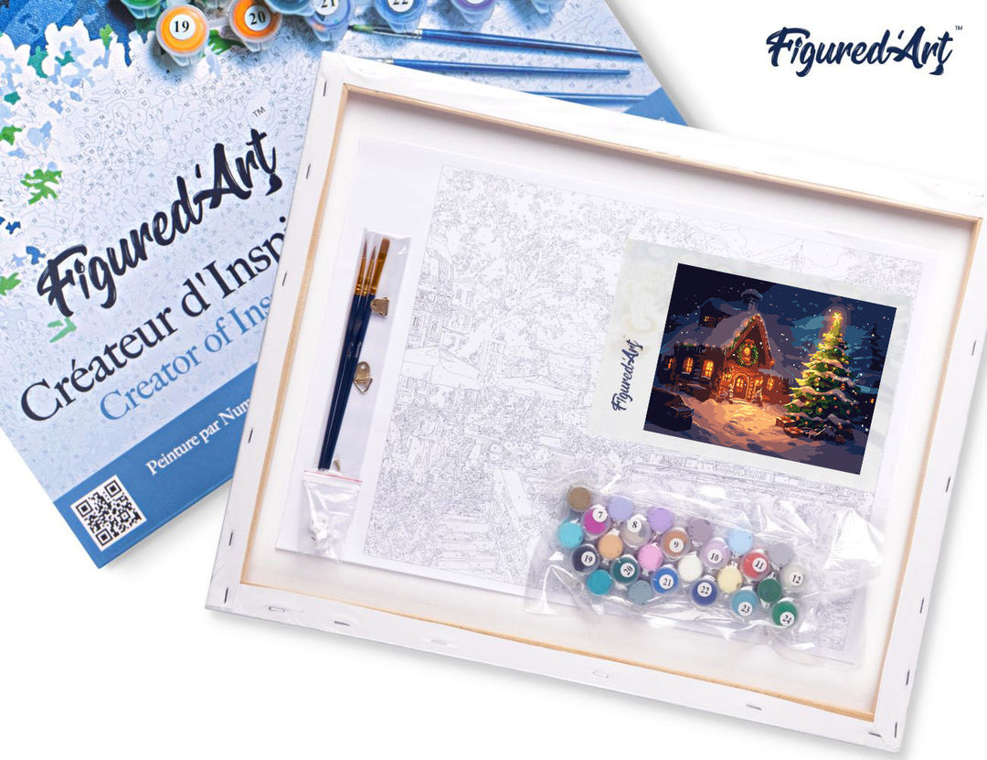 Malen nach Zahlen 40x50cm auf Keilrahmen gespannt Figured’Art Verschneites Weihnachtshäuschen - Kidis Art