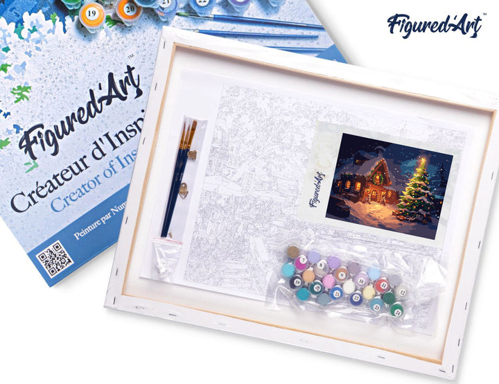 Malen nach Zahlen 40x50cm auf Keilrahmen gespannt Figured’Art Verschneites Weihnachtshäuschen - Kidis Art
