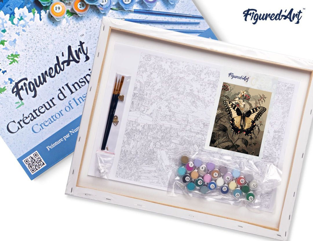 Malen nach Zahlen 40x50cm auf Keilrahmen gespannt Figured’Art Schwalbenschwanz und weiße Blumen