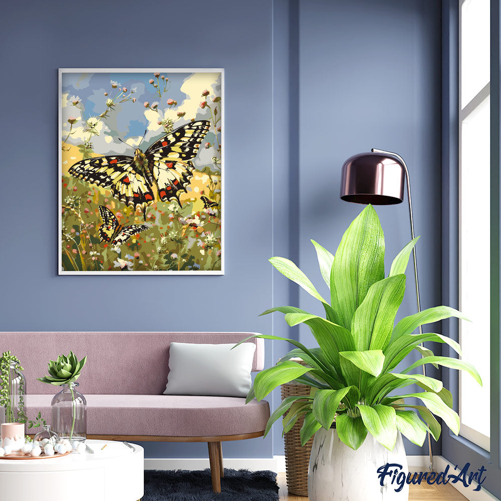 Malen nach Zahlen 40x50cm ohne Keilrahmen Figured’Art Proserpine Schmetterling und Feldblumen - Kidis Art