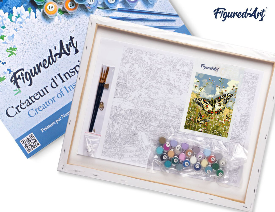 Malen nach Zahlen 40x50cm auf Keilrahmen gespannt Figured’Art Proserpine Schmetterling und Feldblumen