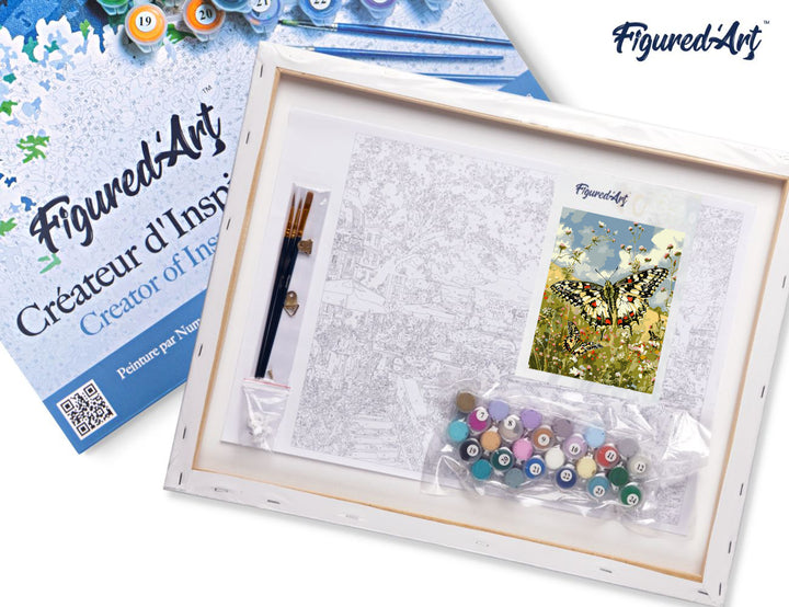 Malen nach Zahlen 40x50cm auf Keilrahmen gespannt Figured’Art Proserpine Schmetterling und Feldblumen