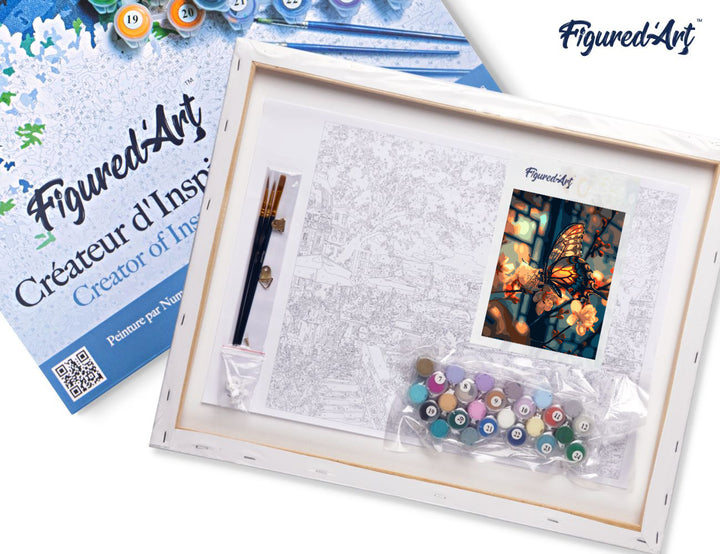 Malen nach Zahlen 40x50cm auf Keilrahmen gespannt Figured’Art Schmetterling und Kirschblüten