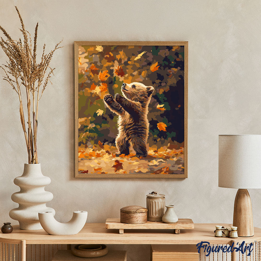 Malen nach Zahlen 40x50cm ohne Keilrahmen Figured’Art Teddybär und fallende Blätter - Kidis Art