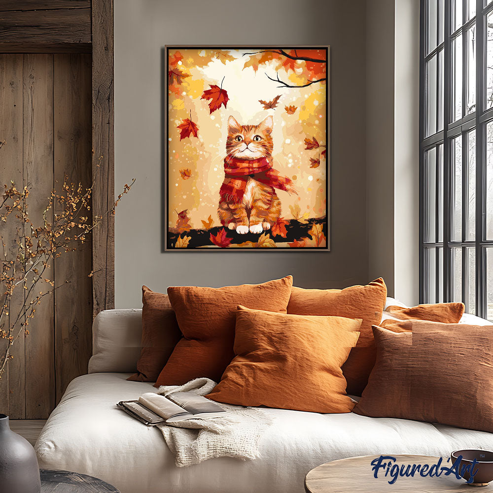 Malen nach Zahlen 40x50cm auf Keilrahmen gespannt Figured’Art Kuschelige Katze im Herbst