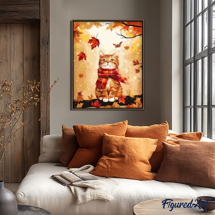 Malen nach Zahlen 40x50cm auf Keilrahmen gespannt Figured’Art Kuschelige Katze im Herbst
