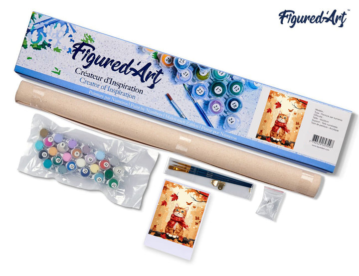 Malen nach Zahlen 40x50cm ohne Keilrahmen Figured’Art Kuschelige Katze im Herbst