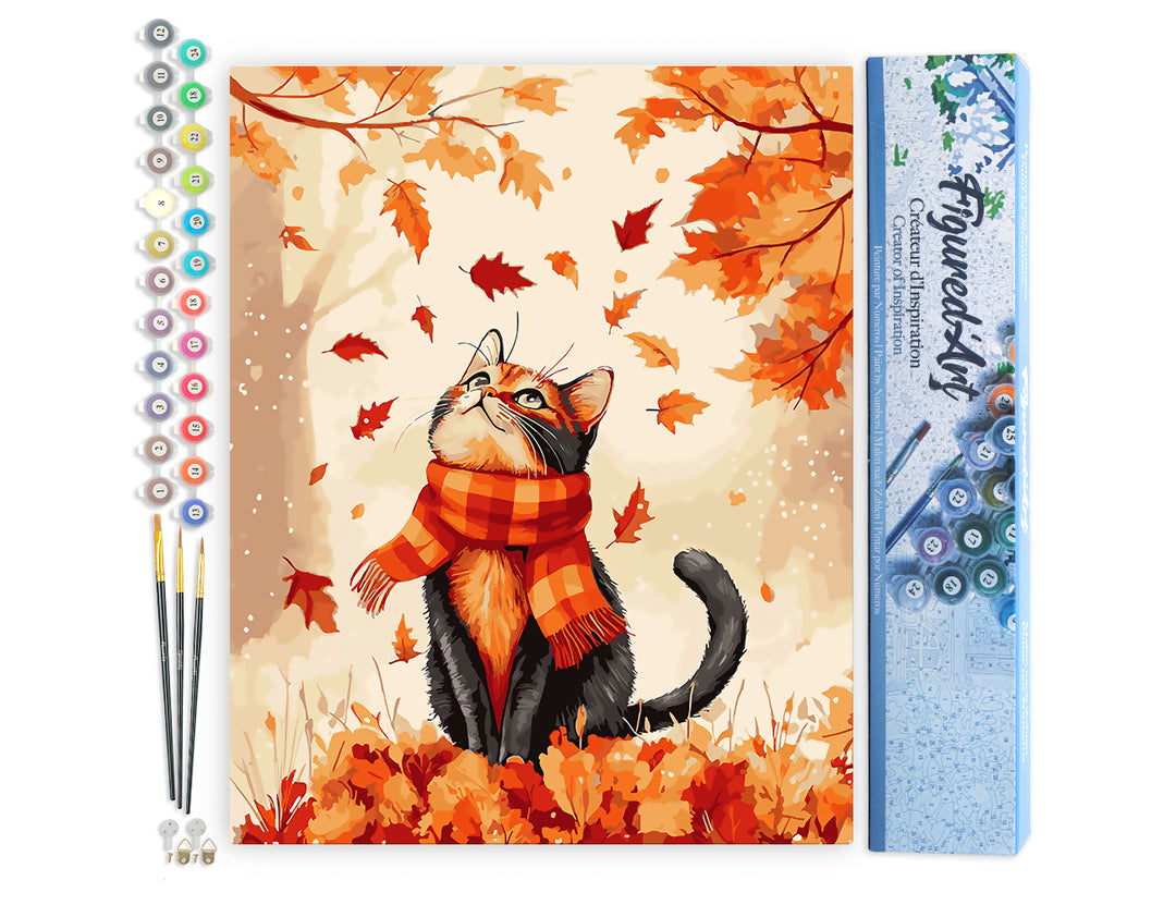 Malen nach Zahlen 40x50cm ohne Keilrahmen Figured’Art Verspielte Katze im Herbst