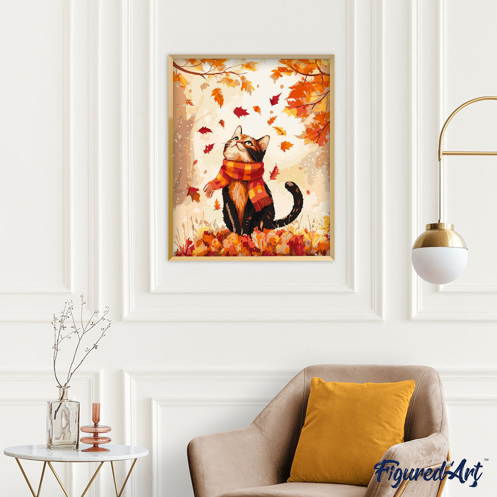 Malen nach Zahlen 40x50cm ohne Keilrahmen Figured’Art Verspielte Katze im Herbst