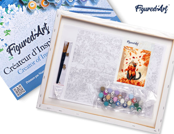 Malen nach Zahlen 40x50cm auf Keilrahmen gespannt Figured’Art Verspielte Katze im Herbst - Kidis Art