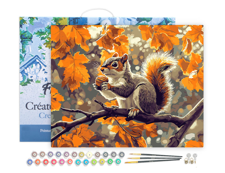 Malen nach Zahlen 40x50cm auf Keilrahmen gespannt Figured’Art Eichhörnchen im Herbst