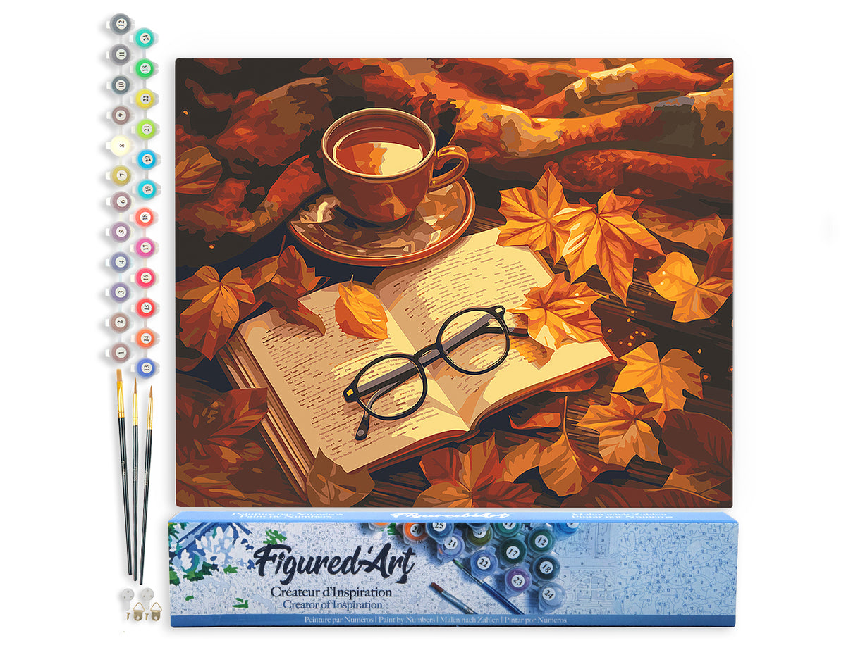 Malen nach Zahlen 40x50cm ohne Keilrahmen Figured’Art Tee und Buch im Herbst - Kidis Art