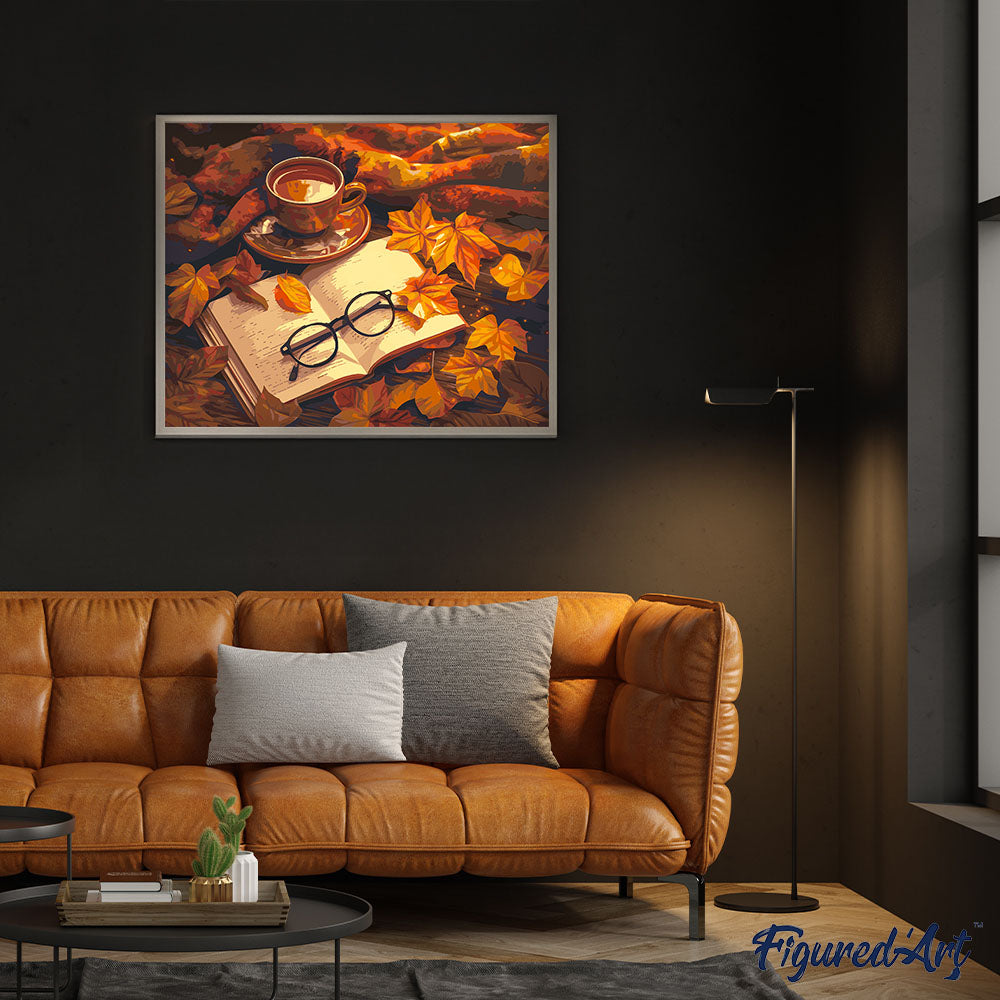 Malen nach Zahlen 40x50cm ohne Keilrahmen Figured’Art Tee und Buch im Herbst - Kidis Art