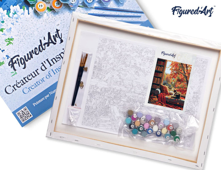 Malen nach Zahlen 40x50cm auf Keilrahmen gespannt Figured’Art Blick auf die Katze im Herbst